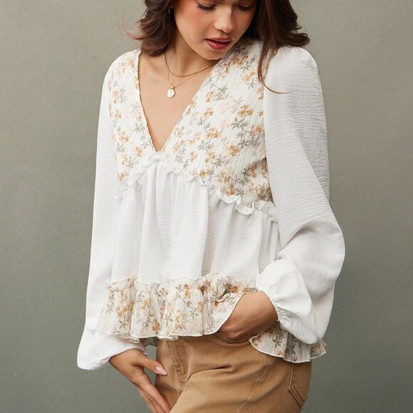 Multicolor Boho Women's Western Floral Print Mixed V Neck Blouse - Picture 4 of 5